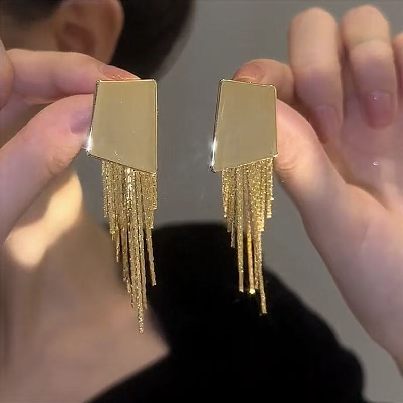 Irregular Geometric Square Tassel Earrings, Niche High-End Metal Jewelry